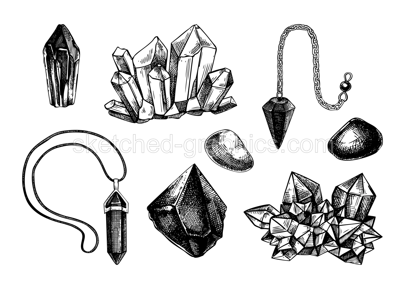 Gemstones and crystal vector illustration. Hand-drawn stones sketches. Vintage Halloween design element. Alchemy, witchraft, esoteric symbols. NOT AI generated Illustration